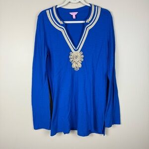 Lilly Pulitzer Emerson Tunic Top Womens Large Blue Gold Coastal Preppy Beach